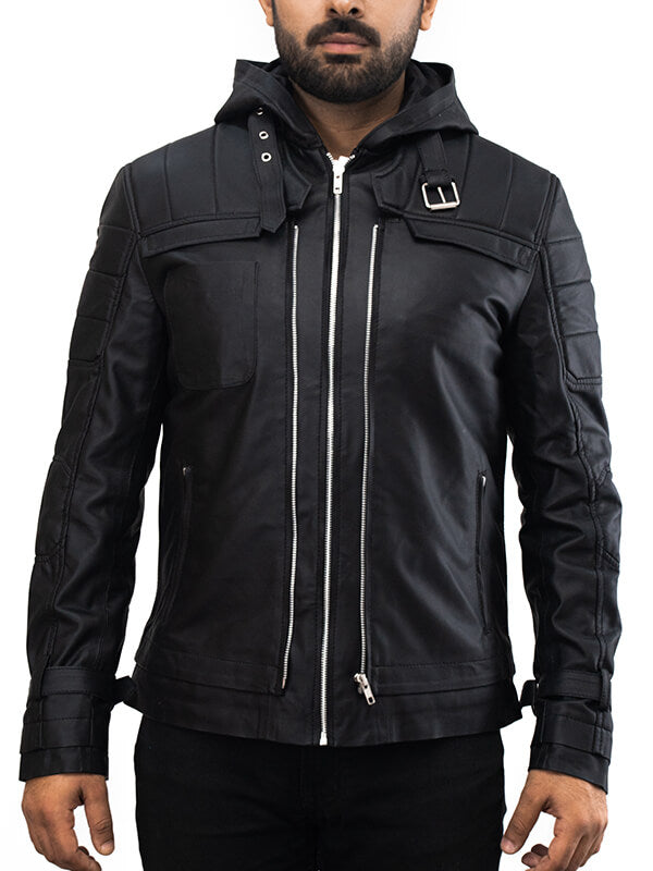 Mens Black Quilted Batman Hoodie Leather Jacket