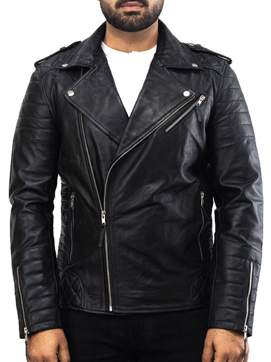 Mens Black Quilted Biker Leather Jacket