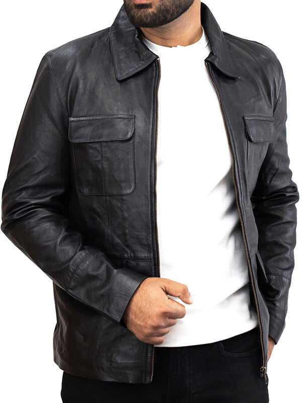Mens Black Trucker Leather Jacket