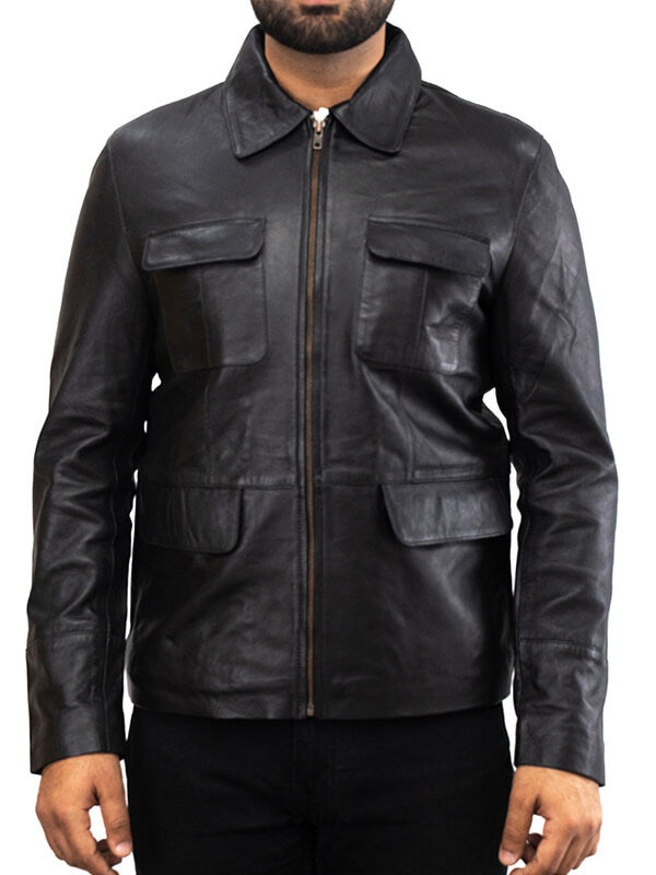 Mens Black Trucker Leather Jacket