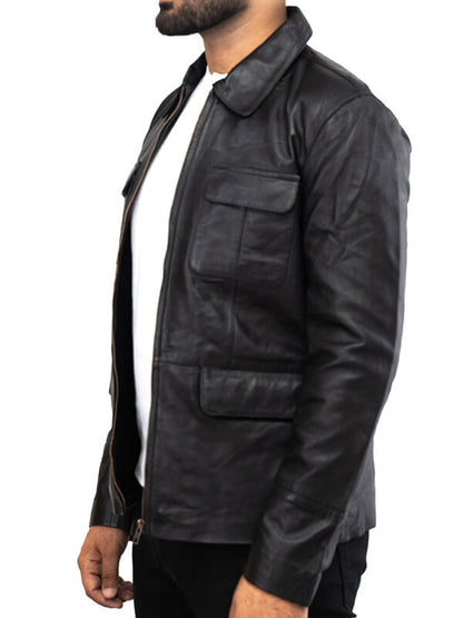Mens Black Trucker Leather Jacket