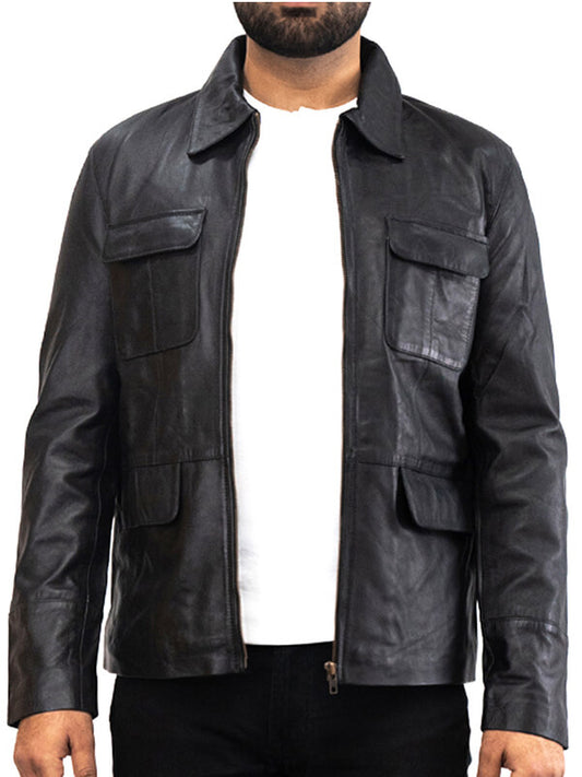 Mens Black Trucker Leather Jacket