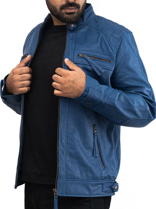Mens Blue Quilted Biker Leather Jacket