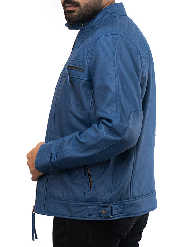 Mens Blue Quilted Biker Leather Jacket