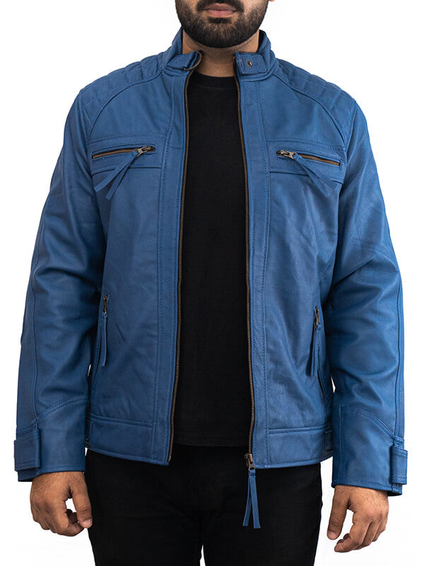 Mens Blue Quilted Biker Leather Jacket
