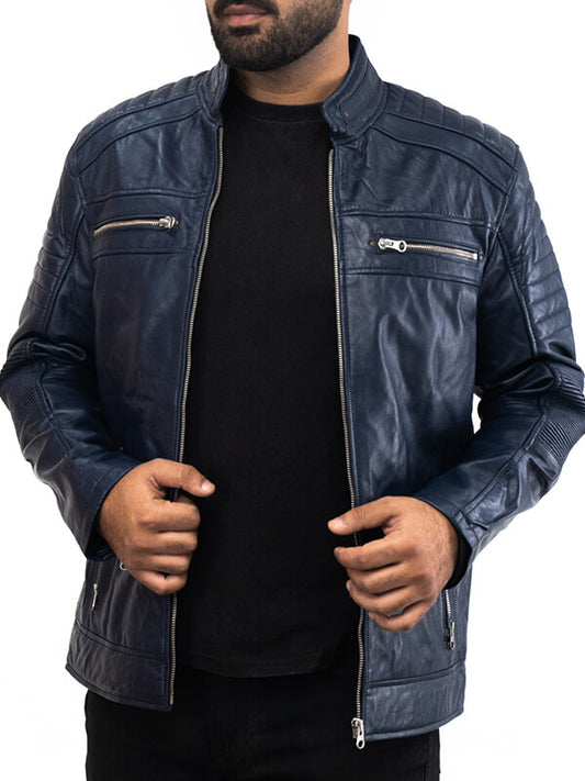 Mens Blue Vintage Quilted Leather Jacket 