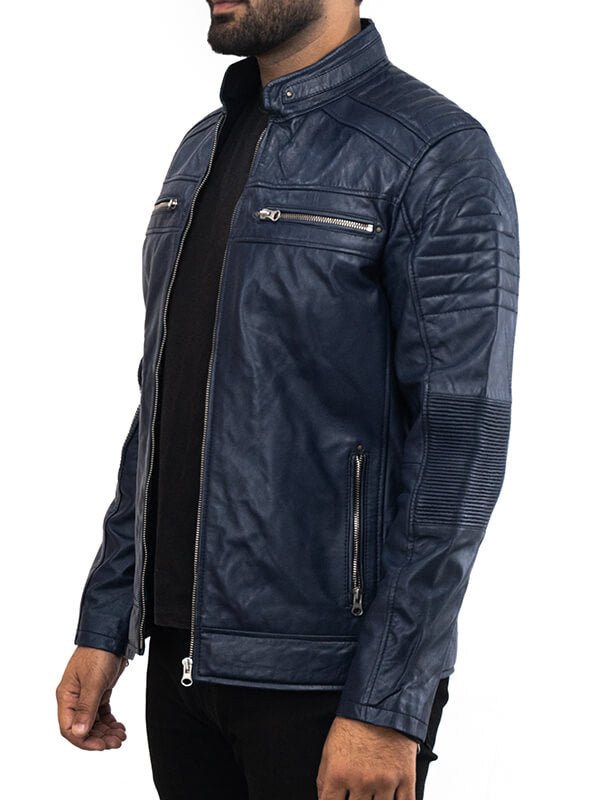 Mens Blue Vintage Quilted Leather Jacket 
