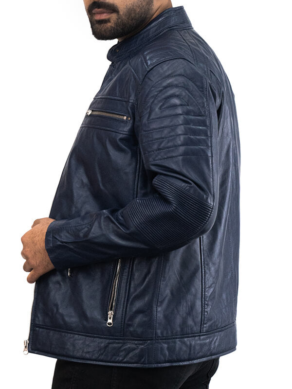 Mens Blue Vintage Quilted Leather Jacket 