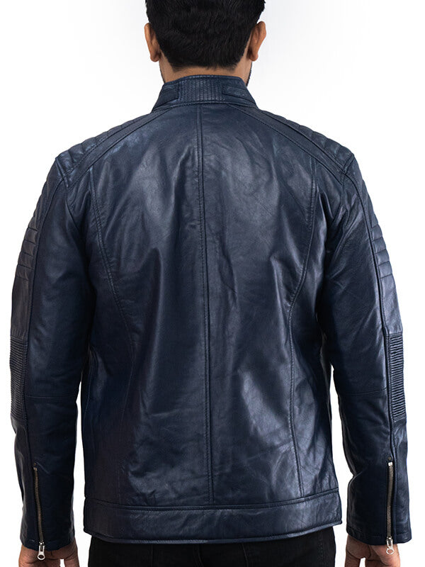 Mens Blue Vintage Quilted Leather Jacket 