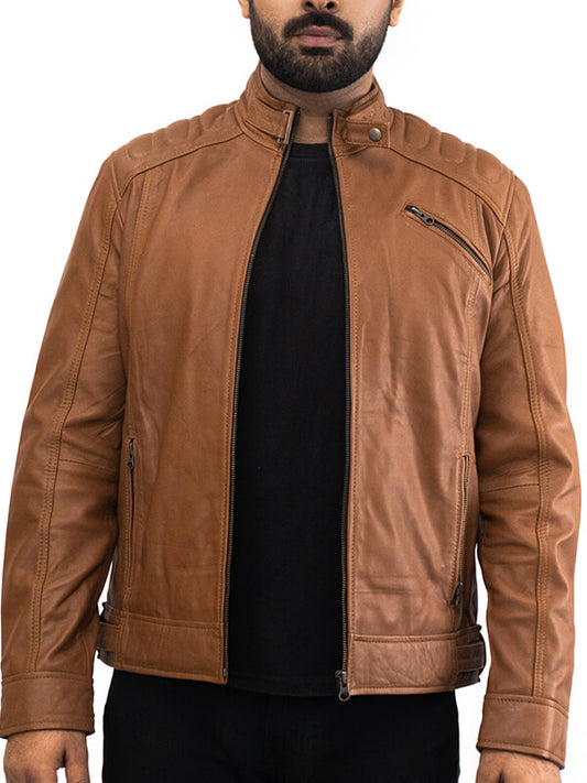 Mens Brown Biker Quilted Leather Jacket