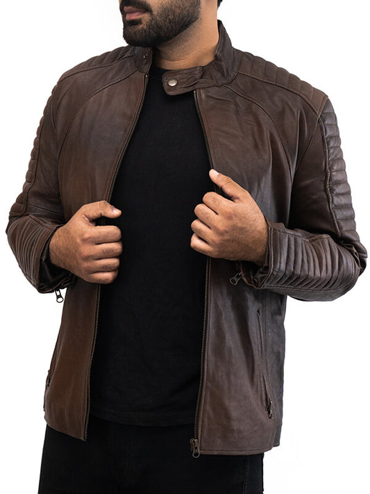 Mens Brown Biker Quilted Leather jacket