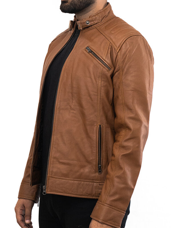 Mens Brown Biker Quilted Leather Jacket