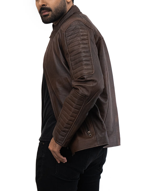 Mens Brown Biker Quilted Leather jacket