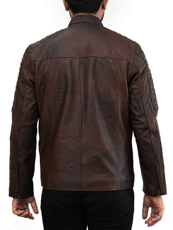 Mens Brown Biker Quilted Leather jacket