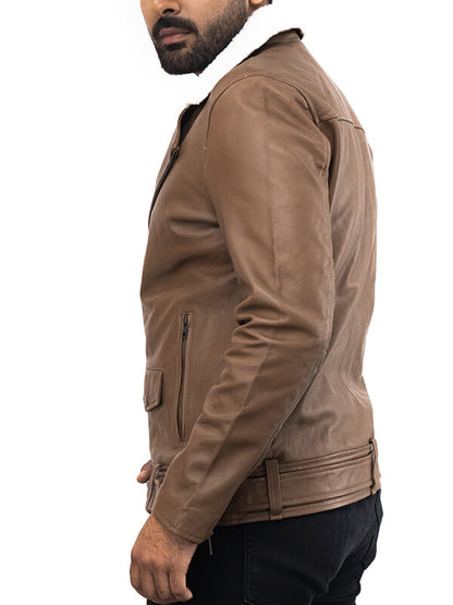 Mens  Brown Brown Leather Waxed Jacket