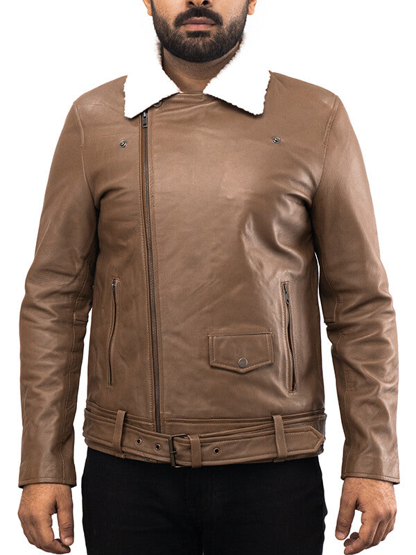 Mens  Brown Brown Leather Waxed Jacket
