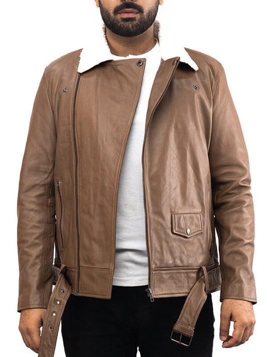 Mens  Brown Brown Leather Waxed Jacket