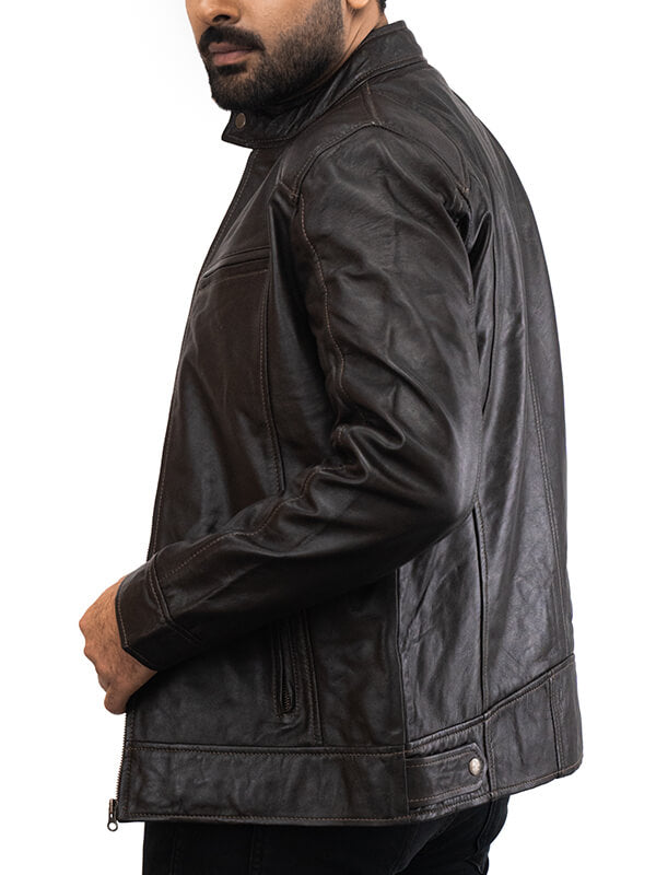 Mens Brown Cafe Racer Biker Leather Jacket
