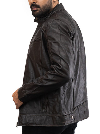 Mens Brown Cafe Racer Biker Leather Jacket