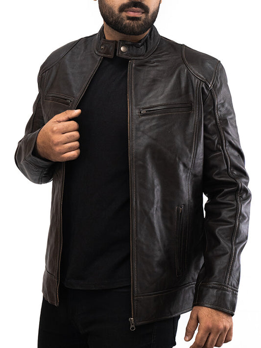 Mens Brown Cafe Racer Biker Leather Jacket