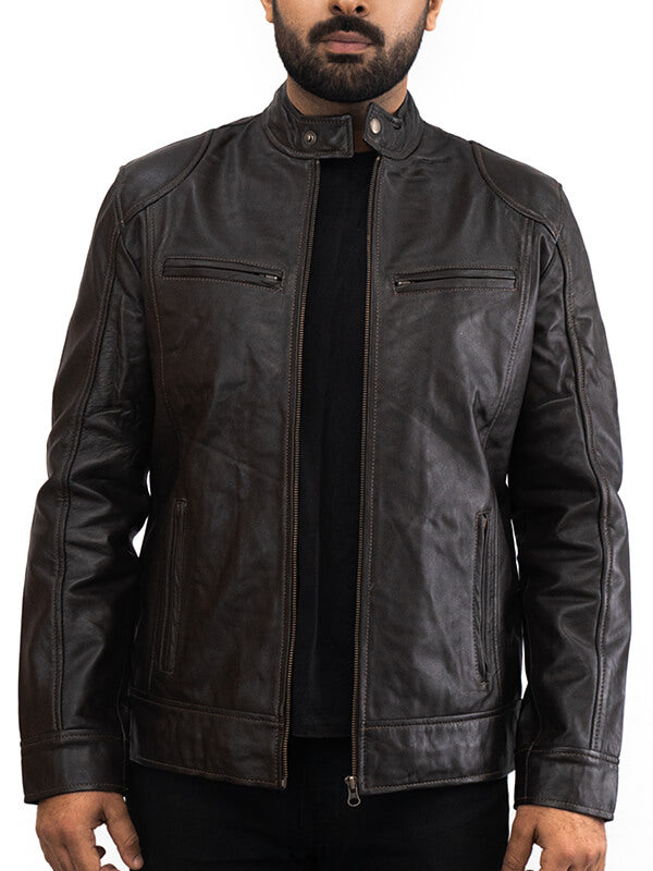 Mens Brown Cafe Racer Biker Leather Jacket
