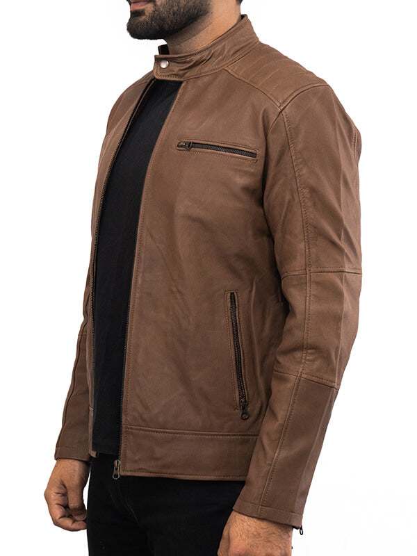 Mens Brown Cafe Racer Quilted Leather Jacket
