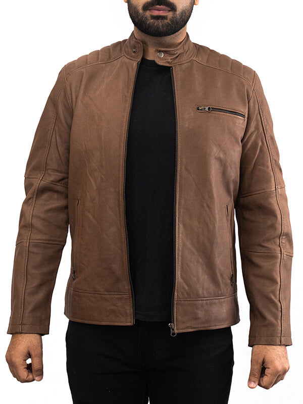 Mens Brown Cafe Racer Quilted Leather Jacket