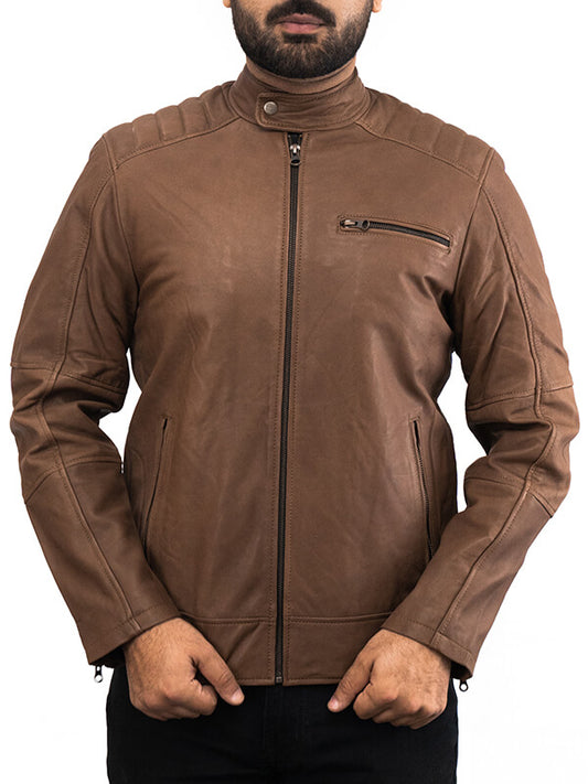 Mens Brown Cafe Racer Quilted Leather Jacket