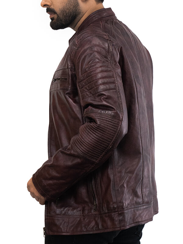 Mens Brown Quilted Waxed Leather Jacket