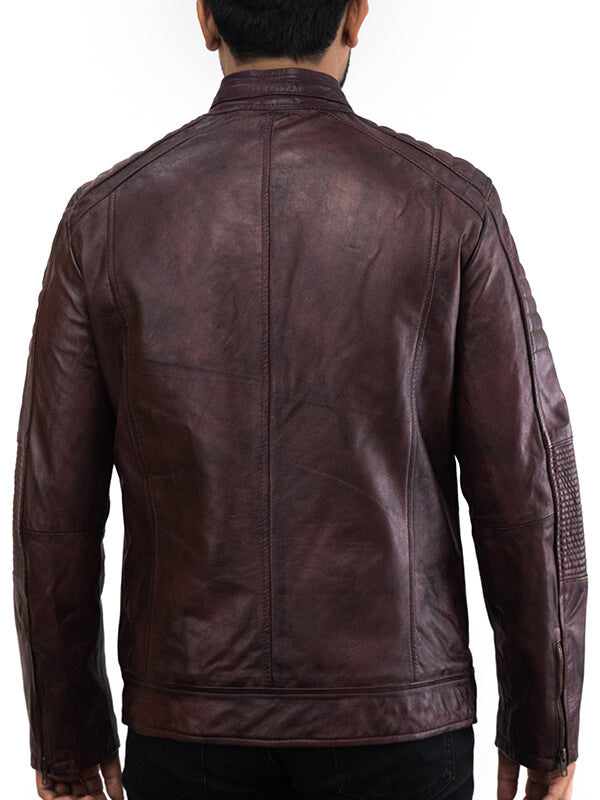 Mens Brown Quilted Waxed Leather Jacket