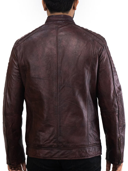 Mens Brown Quilted Waxed Leather Jacket