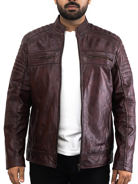 Mens Brown Quilted Waxed Leather Jacket