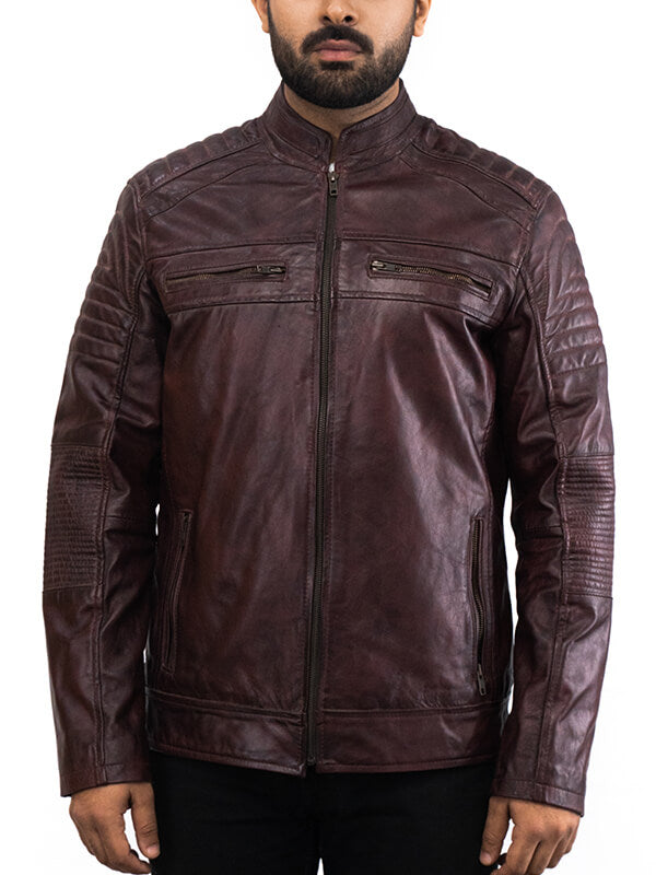 Mens Brown Quilted Waxed Leather Jacket