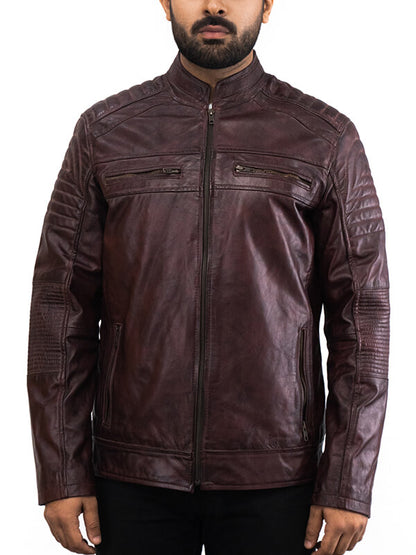 Mens Brown Quilted Waxed Leather Jacket