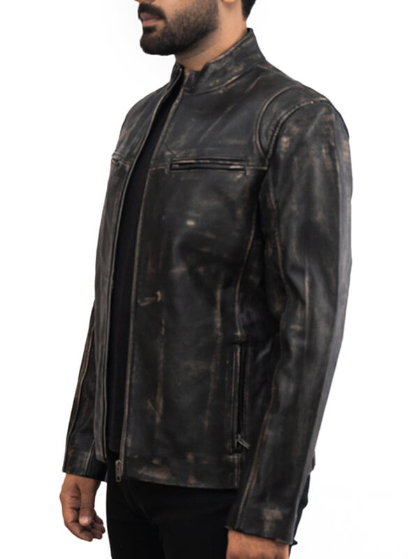 Mens Cafe Racer Quilted Biker Black Leather Jacket