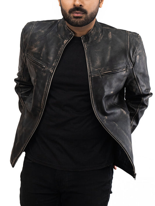 Mens Cafe Racer Quilted Biker Black Leather Jacket