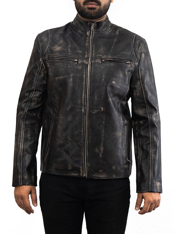 Mens Cafe Racer Quilted Biker Black Leather Jacket