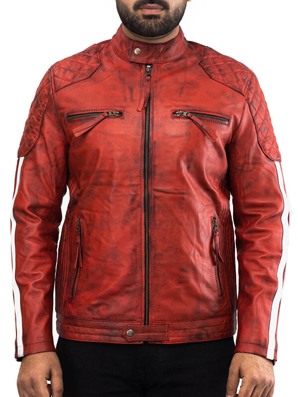 Mens Cafe Red Quilted Leather Jacket