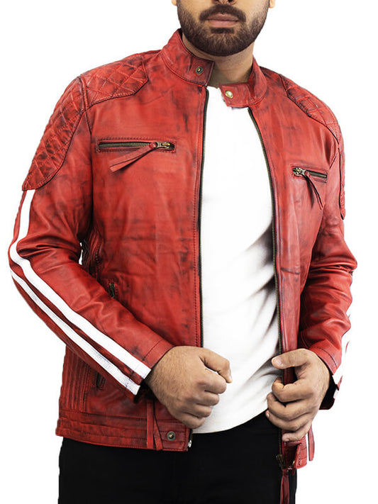 Mens Cafe Red Quilted Leather Jacket