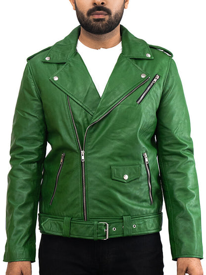 Mens Green Motorcycle Leather Biker Jacket