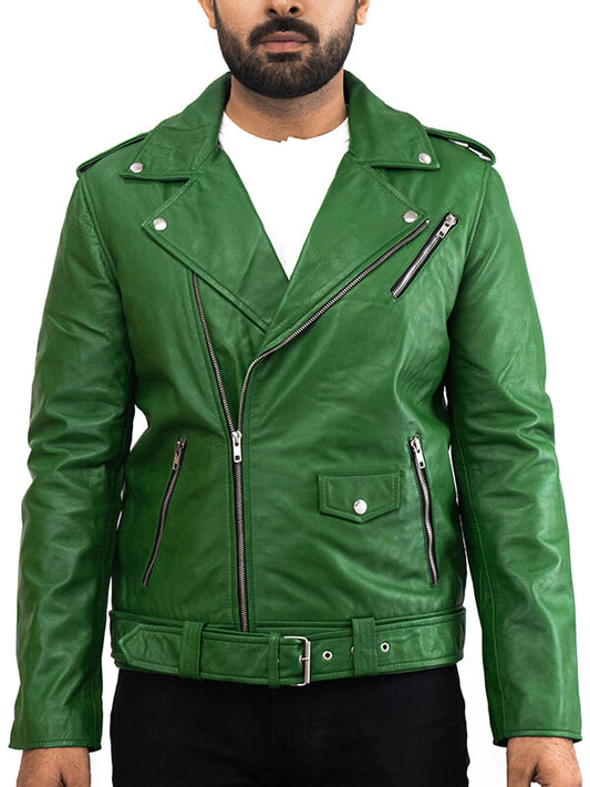 Mens Green Motorcycle Leather Biker Jacket