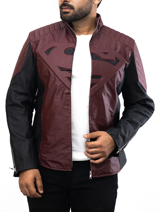 Mens Maroon Superman Quilted Leather Jacket