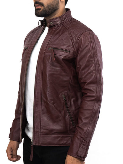 Mens Maroon Vintage Biker Leather Jacket