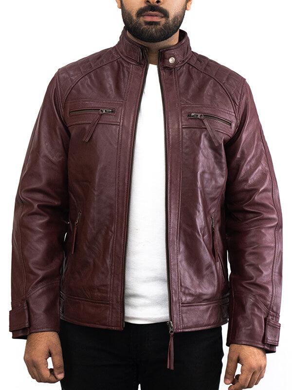 Mens Maroon Vintage Biker Leather Jacket