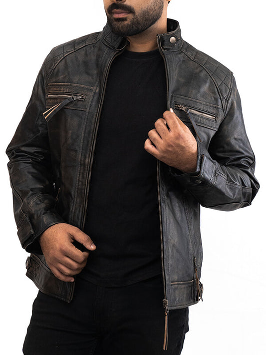 Mens N7 Biker Quilted Black Leather Jacket
