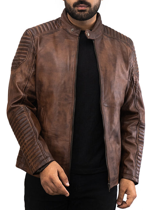 Mens Quilted Brown Biker Leather Jacket