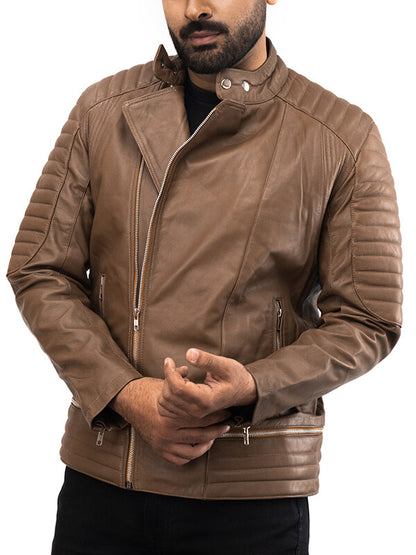 Mens Quilted Light Brown Leather Jacket