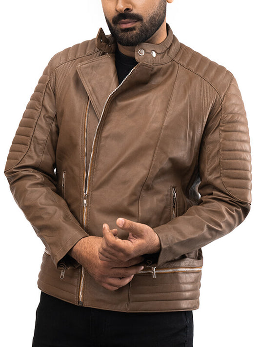 Mens Quilted Light Brown Leather Jacket