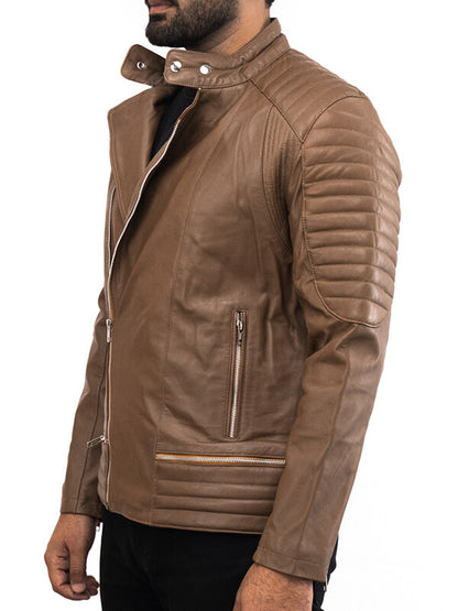 Mens Quilted Light Brown Leather Jacket