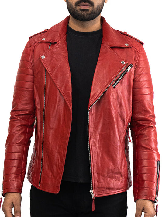 Mens Red Biker lambskin Leather jacket